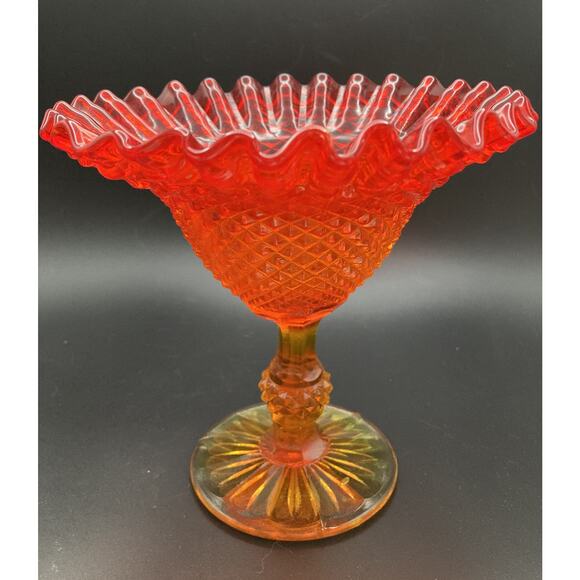 Fenton? Amberina Red / Orange Art Glass Ruffle-Edge Pedestal Bowl - Ornate Dish - Picture 7 of 12
